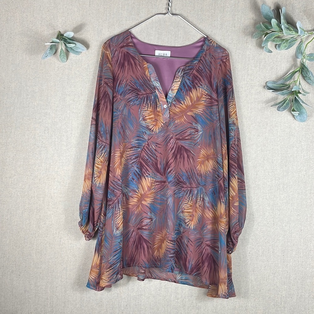 Aura Anthropologie > Purple, Blue and Orange Feather Long Sleeve Dress